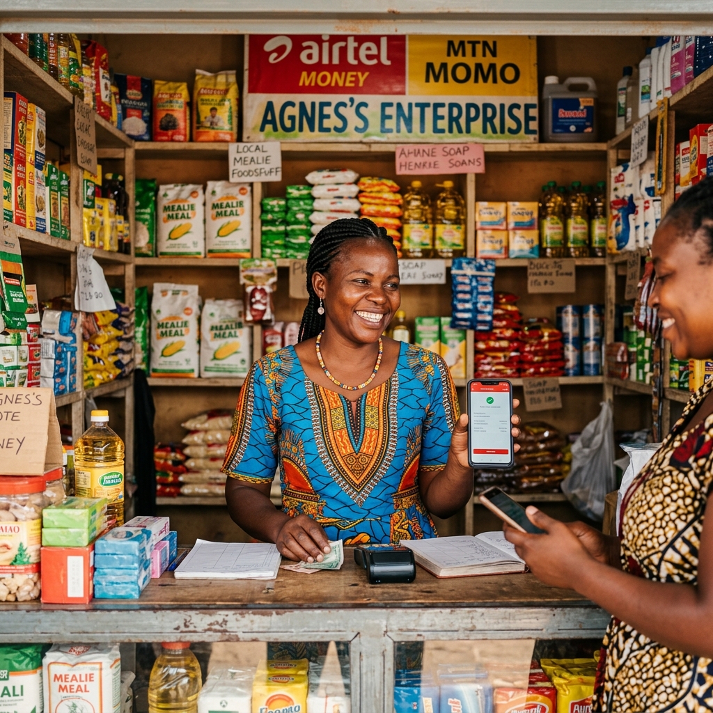 Zambian business owner accepting mobile payment